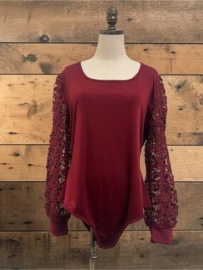 *NWT* Grace Karin Burgundy Crochet Sleeve Scoop Neck Bodysuit